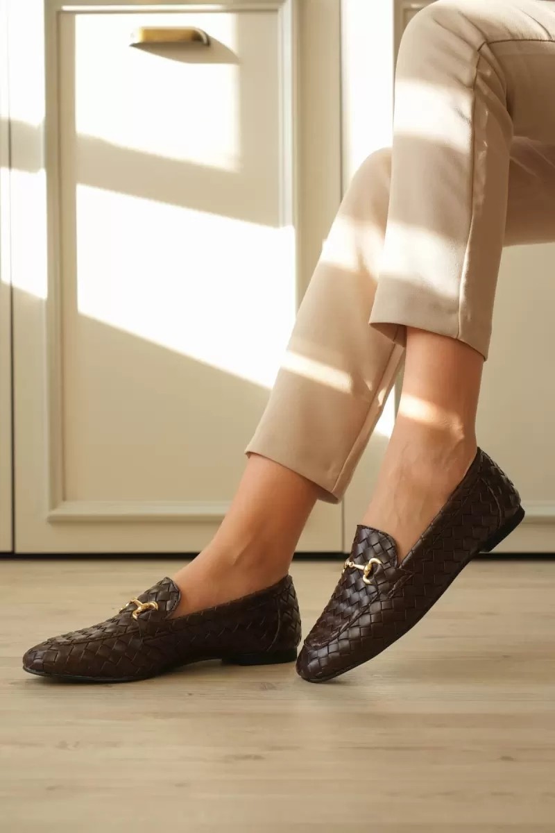 Fantastik Store Kadın Acı Kahve Örgü Desenli Tokalı Günlük Rahat Loafer Ayakkabı TR23MS09C görsel 4