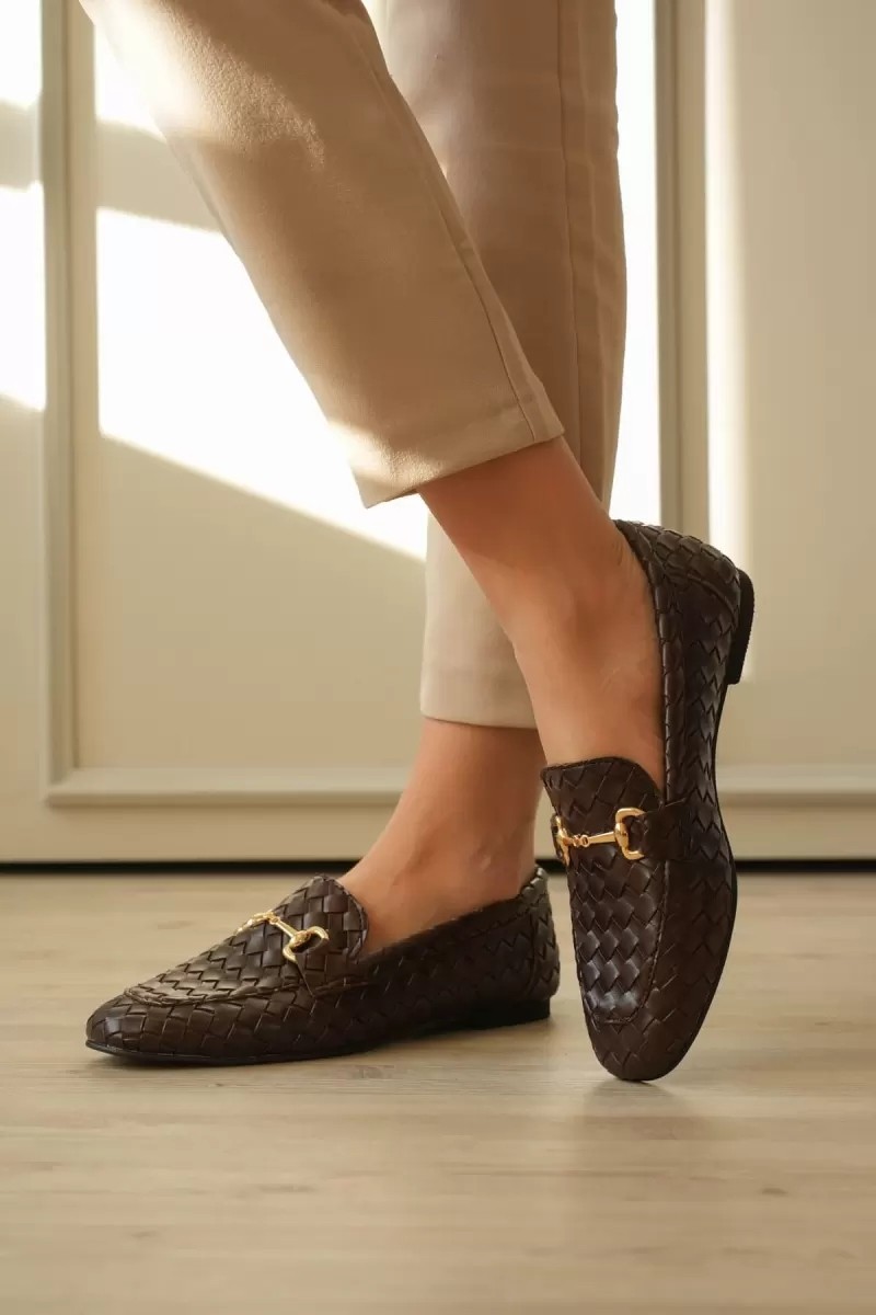 Fantastik Store Kadın Acı Kahve Örgü Desenli Tokalı Günlük Rahat Loafer Ayakkabı TR23MS09C görsel 5
