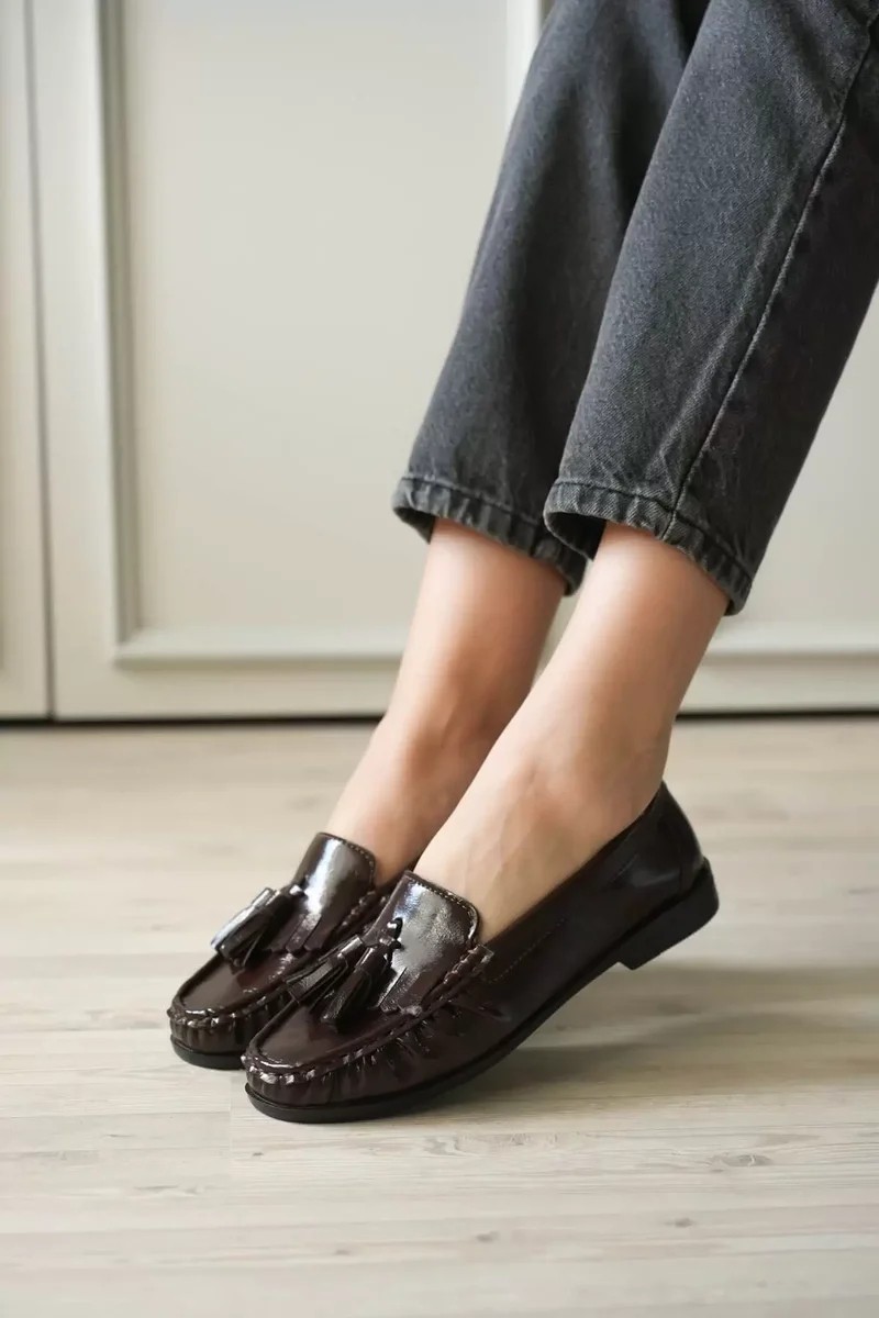 Fantastik Store Acı Kahve Rugan Püsküllü Kadın Loafer Ayakkabı TR88MS01B