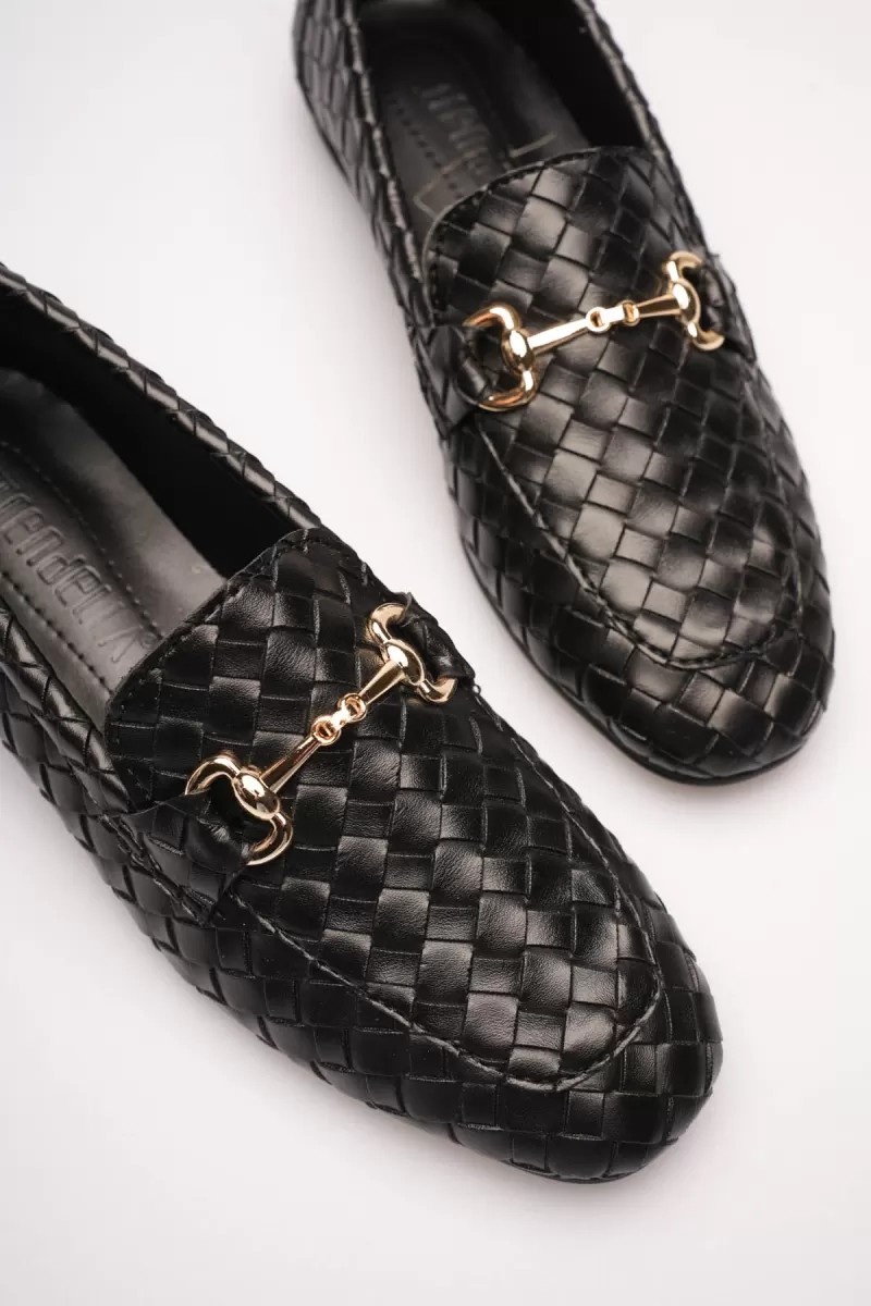 Fantastik Store Kadın Siyah Örgü Desenli Tokalı Günlük Rahat Loafer Ayakkabı TR23MS09A