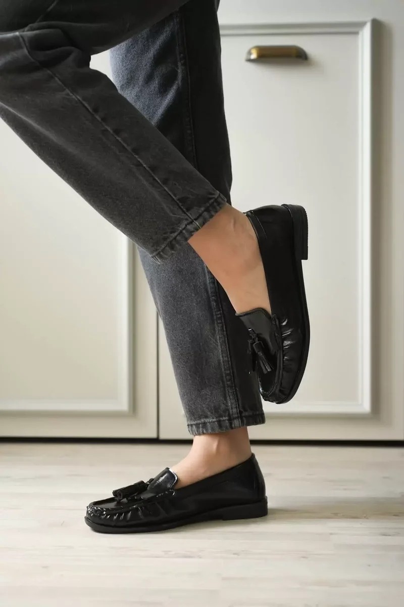 Fantastik Store Siyah Rugan Püsküllü Kadın Loafer Ayakkabı TR88MS01A görsel 3