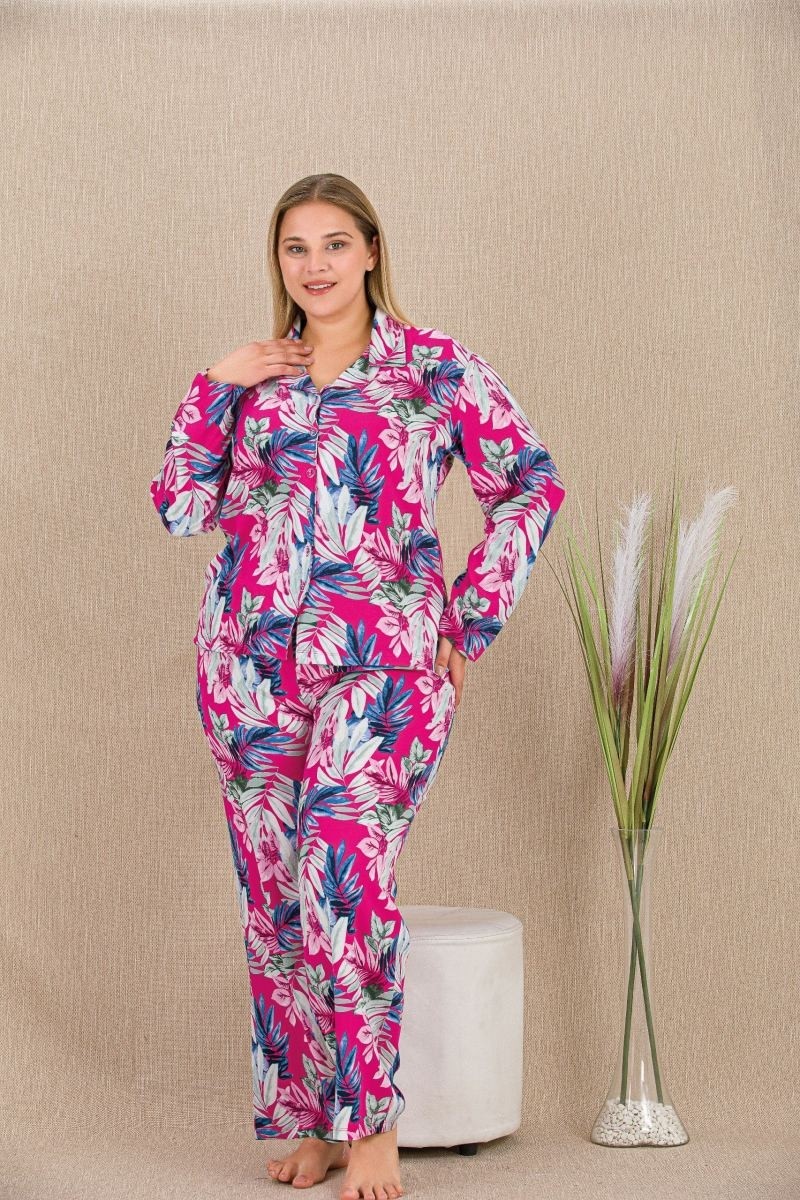 bebekokusu Büyük Beden Renkli Yaprak Desenli Düğmeli Uzun Kol Viskon Pijama Takımı görsel 2