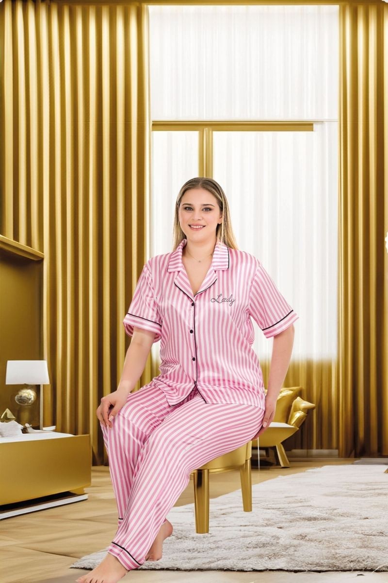 bebekokusu Büyük Beden Şık Tasarım Pembe Çizgili Düğmeli Kısa Kol Lüx Saten Pijama Takımı