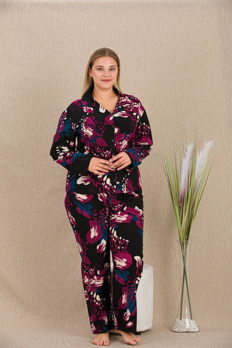 bebekokusu Büyük Beden Renkli Desenli Düğmeli Uzun Kol Viskon Pijama Takımı görsel 2