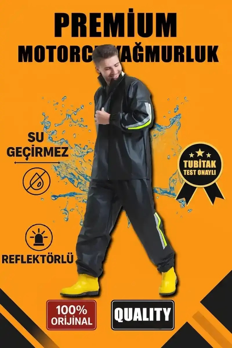 Ayessa Erkek Premium Motorcu Kurye Yağmurluk Takım Su Geçirmez Pvc Kumaş Reflektörlü - Siyah Siyah - 3xl