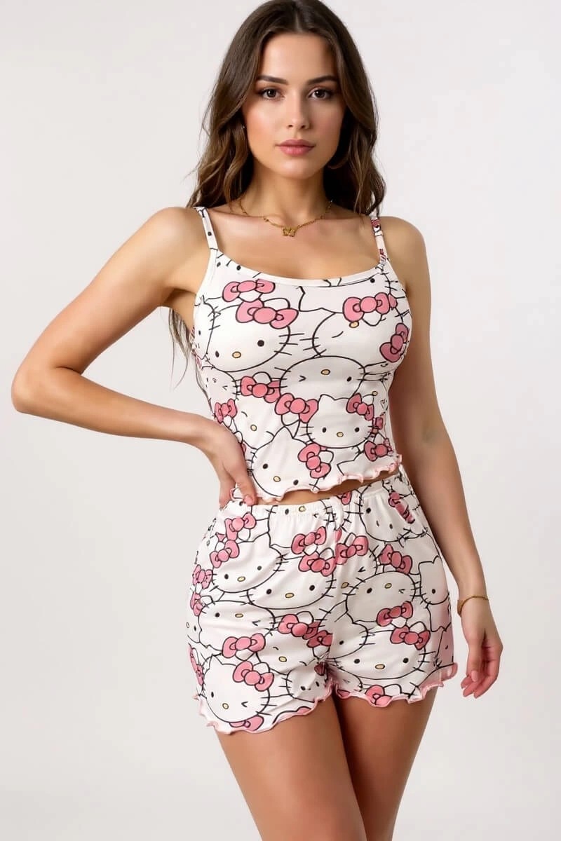 DMC Hello Kitty Baskılı Askılı Şortlu Pijama Takımı