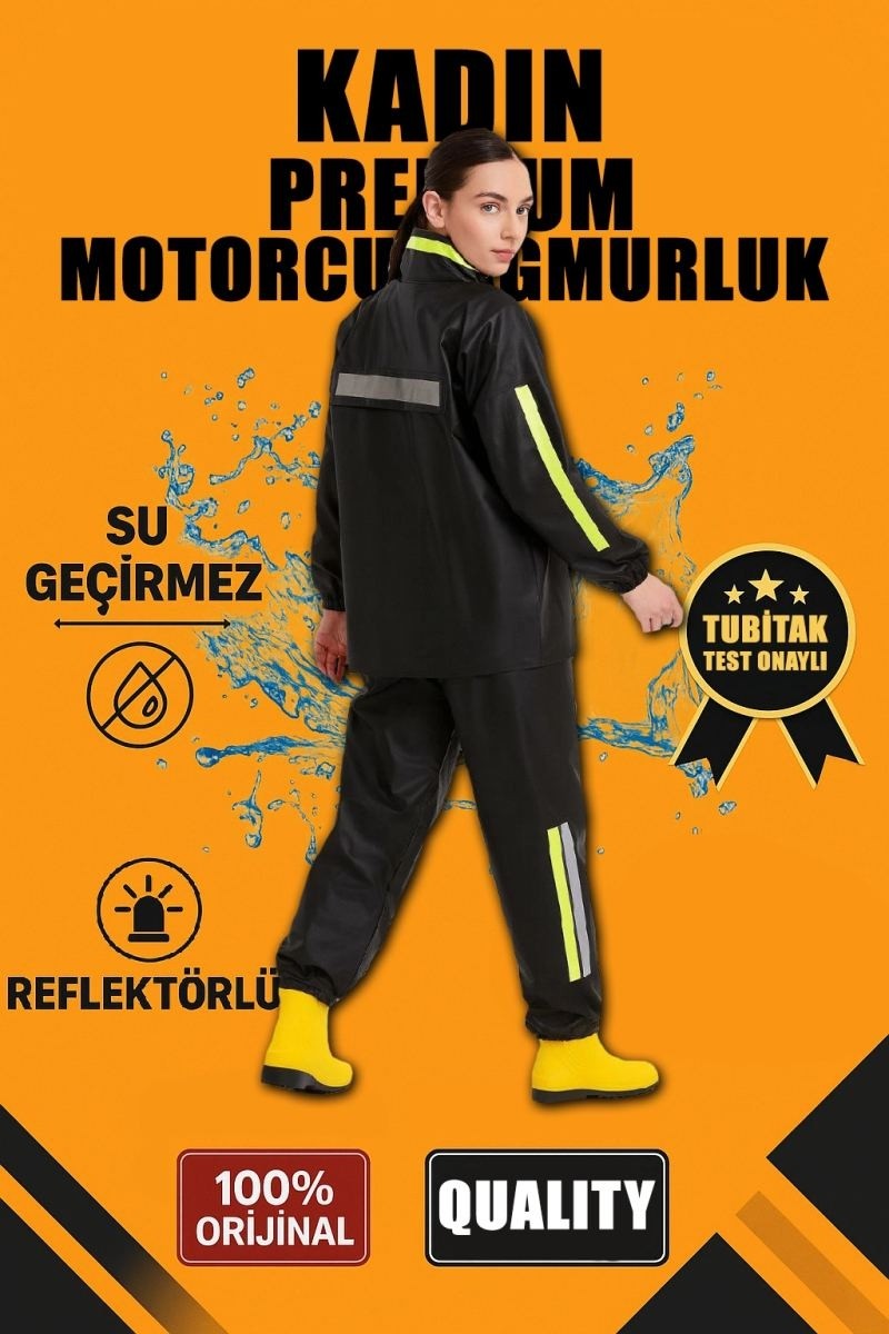 Velmora Fashion Kadın Premium Motorcu Kurye Yağmurluk Takım Su Geçirmez Pvc Reflektörlü Siyah