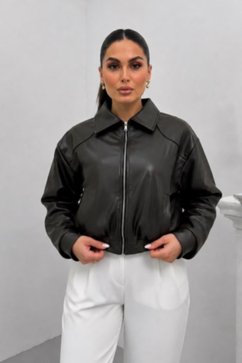 Msm Fashion Kadın Deri Ceket Kısa Çift Cepli Beli Lastikli Uzun Kollu Fermuarlı Düşük Omuz Suni Deri Mont