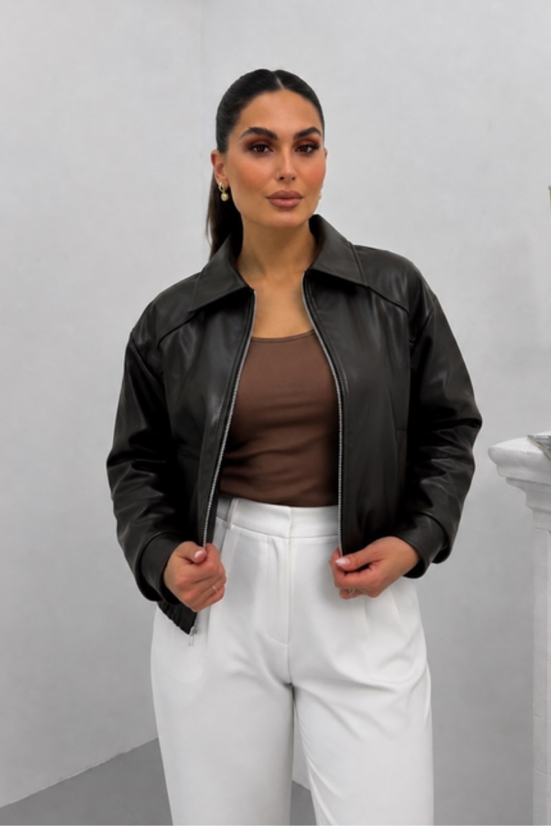 Msm Fashion Kadın Deri Ceket Kısa Çift Cepli Beli Lastikli Uzun Kollu Fermuarlı Düşük Omuz Suni Deri Mont görsel 3
