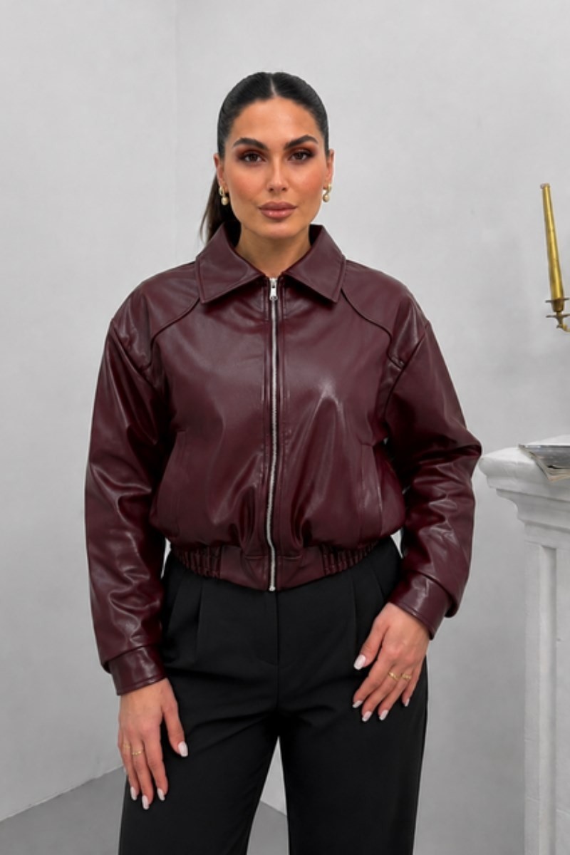 Msm Fashion Kadın Deri Ceket Kısa Çift Cepli Beli Lastikli Uzun Kollu Fermuarlı Düşük Omuz Suni Deri Mont görsel 6