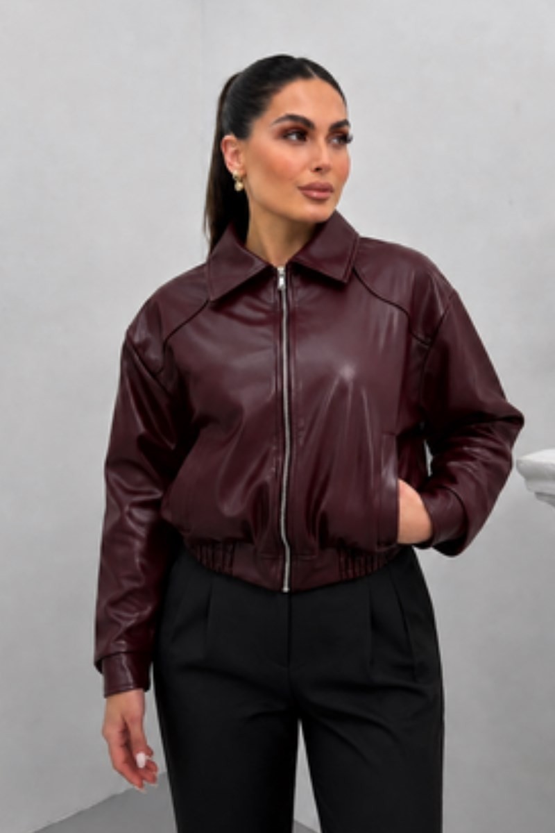 Msm Fashion Kadın Deri Ceket Kısa Çift Cepli Beli Lastikli Uzun Kollu Fermuarlı Düşük Omuz Suni Deri Mont görsel 7