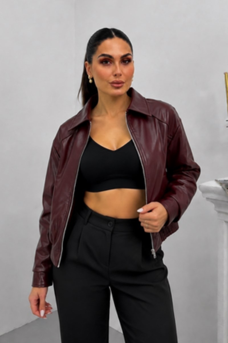 Msm Fashion Kadın Deri Ceket Kısa Çift Cepli Beli Lastikli Uzun Kollu Fermuarlı Düşük Omuz Suni Deri Mont görsel 8