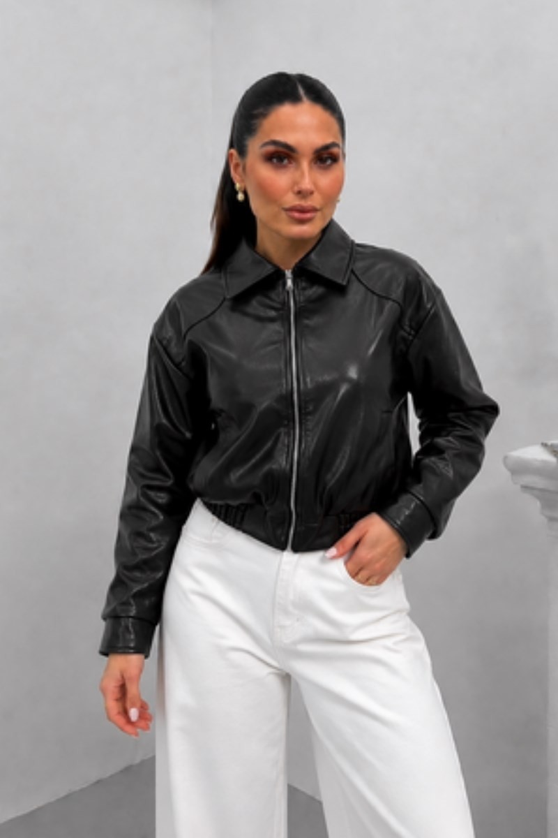 Msm Fashion Kadın Deri Ceket Kısa Çift Cepli Beli Lastikli Uzun Kollu Fermuarlı Düşük Omuz Suni Deri Mont