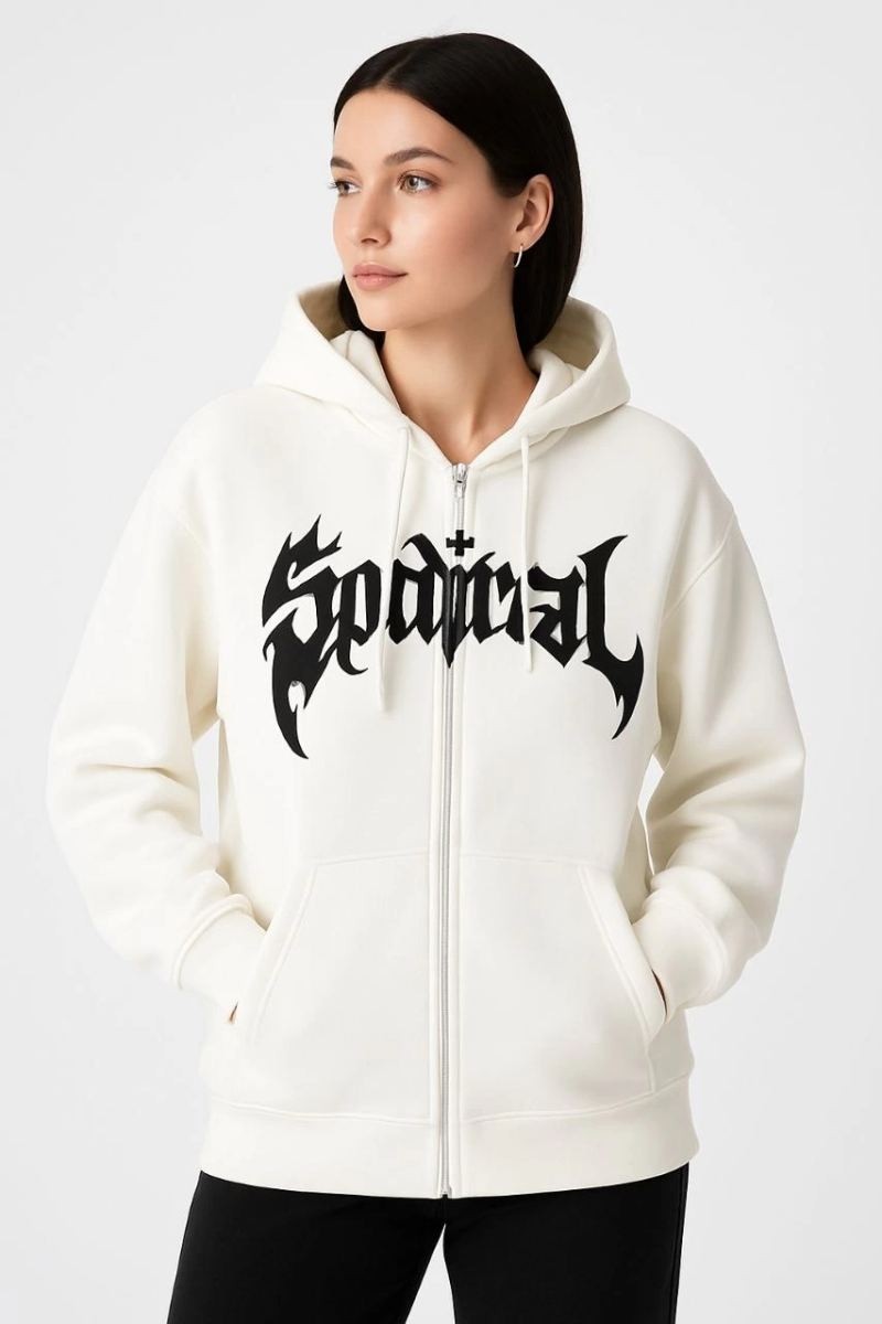 Walkies Kadın Kapüşonlu 3 Iplik Pamuklu Önü Baskılı Fermuarlı Oversize Hoodie Sweatshirt - Beyaz