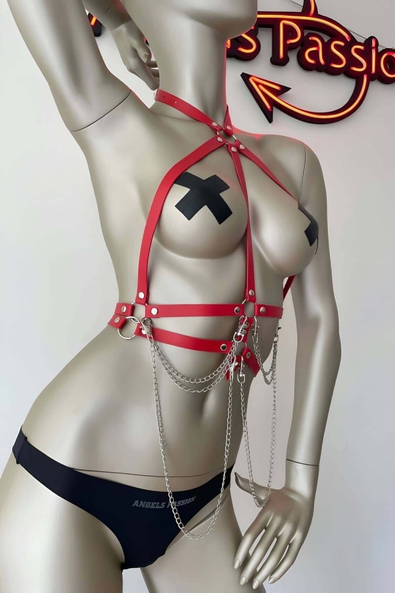 Çamaşır Kenti Kırmızı ve Zincir Detaylı Şık Deri Harness - Brf3