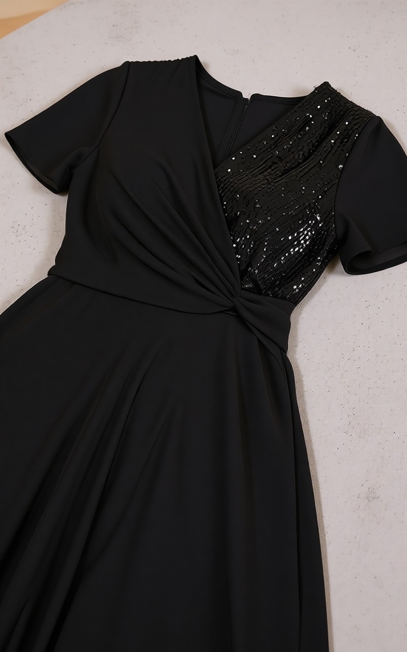 For Esra Big Trend Kadın Kruvaze Yaka Üst Blok Payet Bel Detay Astarlı Yan Fermuar Kapama Şifon Maxi Abiye Elbise görsel 8
