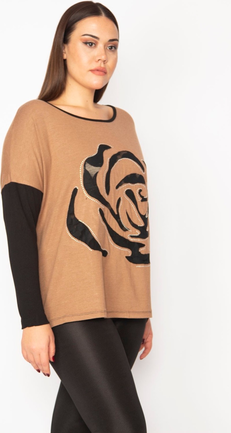 Şans Kadın Camel Önü Flok Desen Ve Taş Detaylı İki Renkli Tunik 65N29336 görsel 4
