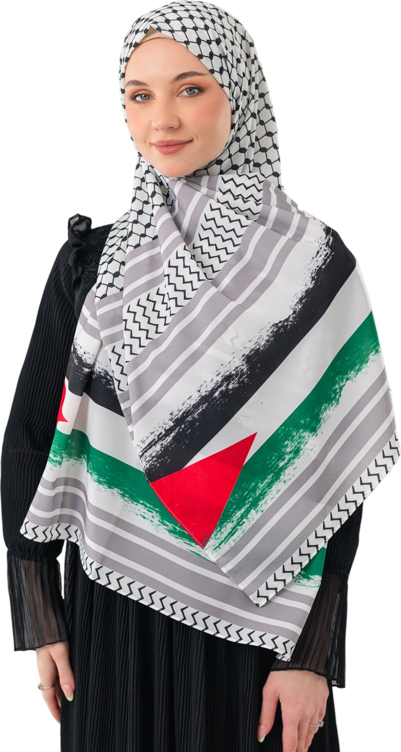Zaytoon Şal Filistin Kefiye Puşi Gri Çizgili Püskülsüz Unisex Kadın Şal 70x170 cm görsel 2