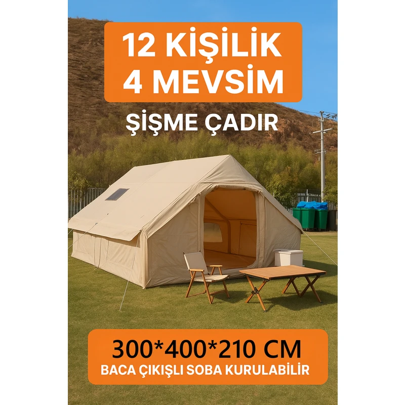 Fırsattan 12 Kişilik 4 Mevsim Şişme Kamp Çadırı 300X400 cm Yükseklik 210 cm Su Geçirmez Oxford Kumaş