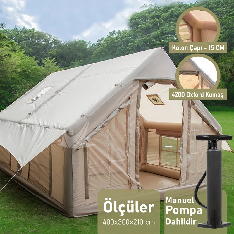 Trend Maison ERT996 12 Kişilik Şişme Çadır 420D Oxford Kumaş Su Geçirmez Özelliklerle Bej Renk