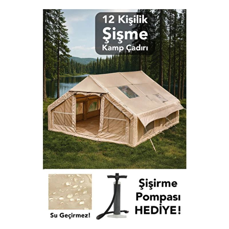 Meleni Home 12 Kişilik Şişme Kamp Çadırı - 4 Mevsim Su Geçirmez Pencereli Kamp Çadırı 300X400 cm