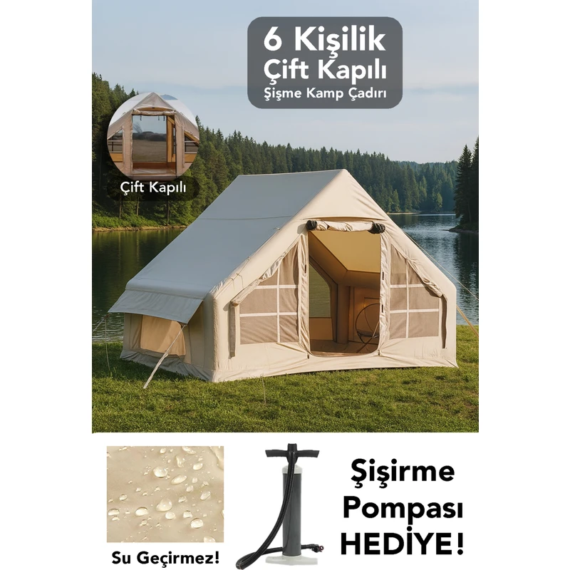 Meleni Home Çift Kapılı 6 Kişilik Kamp Çadırı - 4 Mevsim Su Geçirmez Şişme Kamp Çadırı 300X210 cm