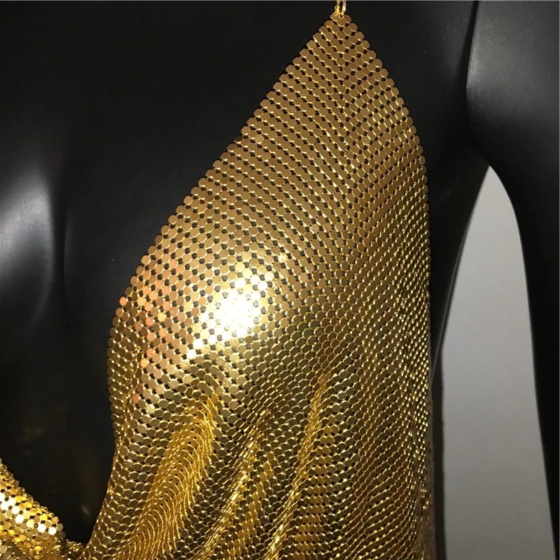 Beruflic Parlak Gold Crop & Bluz Kolsuz Kayık Yaka Zırh Büstiyer görsel 3