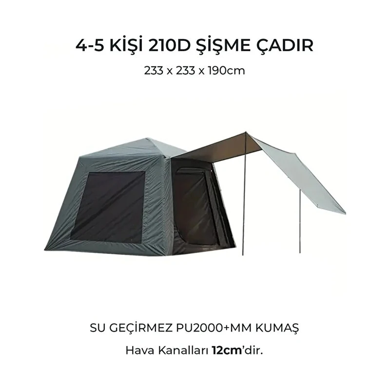 Forestia Güneşlikli Oxford Kumaş Şişme Çadır 4-5 Kişilik (233X233X190CM) - Şişme Kamp Çadırı