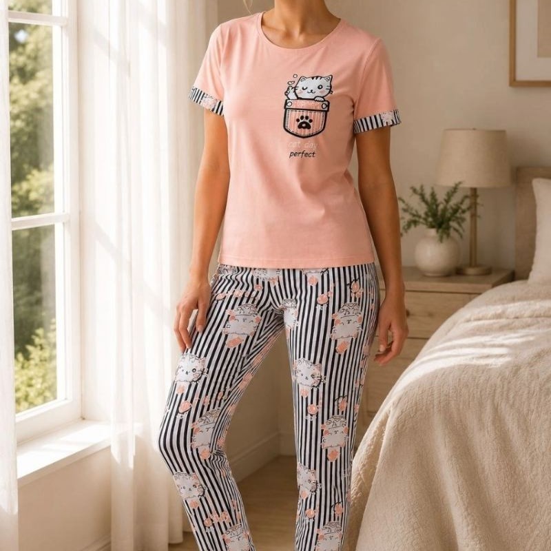 Evrenial Kadın Pamuklu Penye Baskılı Kısa Kollu Bisiklet Yaka Ekose Desenli Pijama Takımı görsel 5