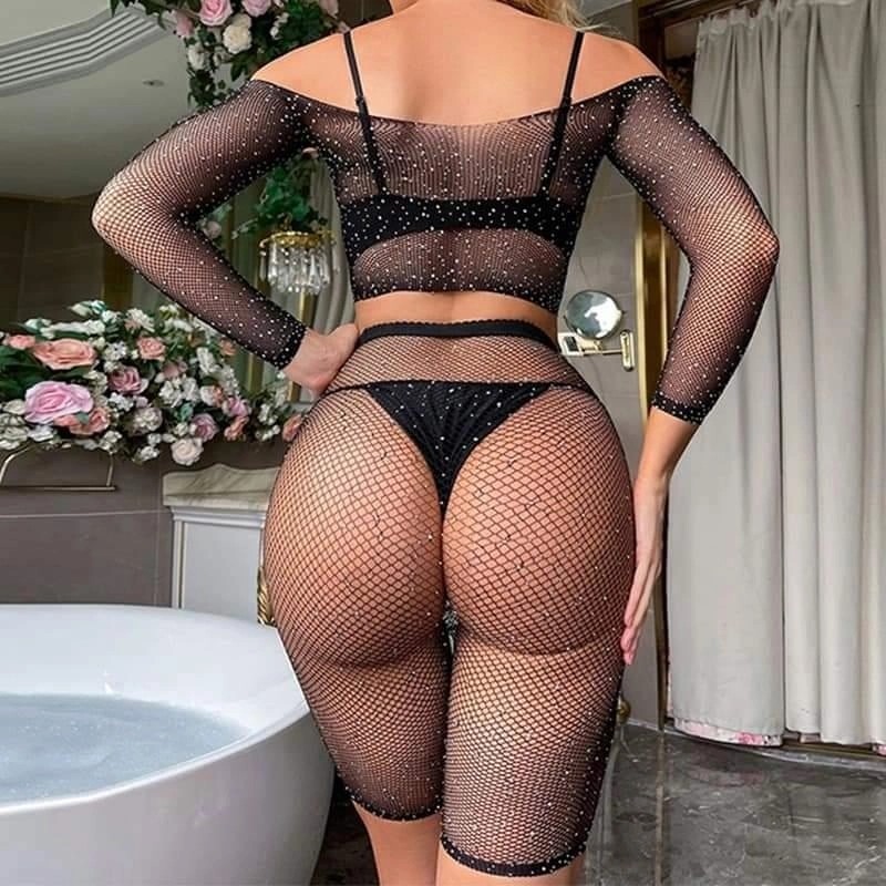 Demert Art İç Giyim Kadın Seksi 2 Parça Taşlı Omuzları Açık Crop- Şort Vücut Çorabı - DMTART1444-8125 görsel 3