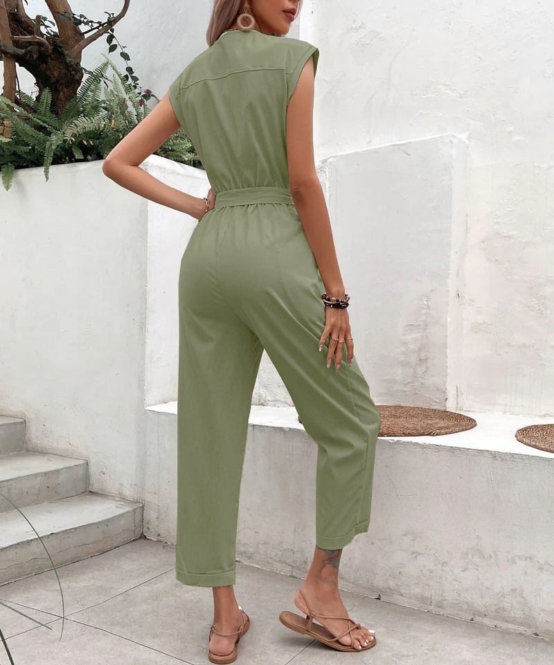 Barbora Keten Kadın V Yaka Tek Sıra Düğmeli Kolsuz Tulum görsel 3