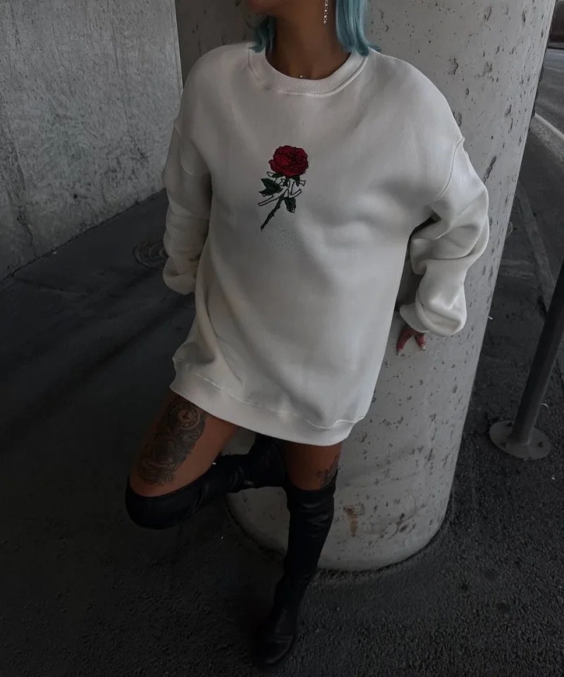 Oversize Üç Iplik Bisiklet Yaka Baskılı Sweatshirt - Beyaz görsel 2