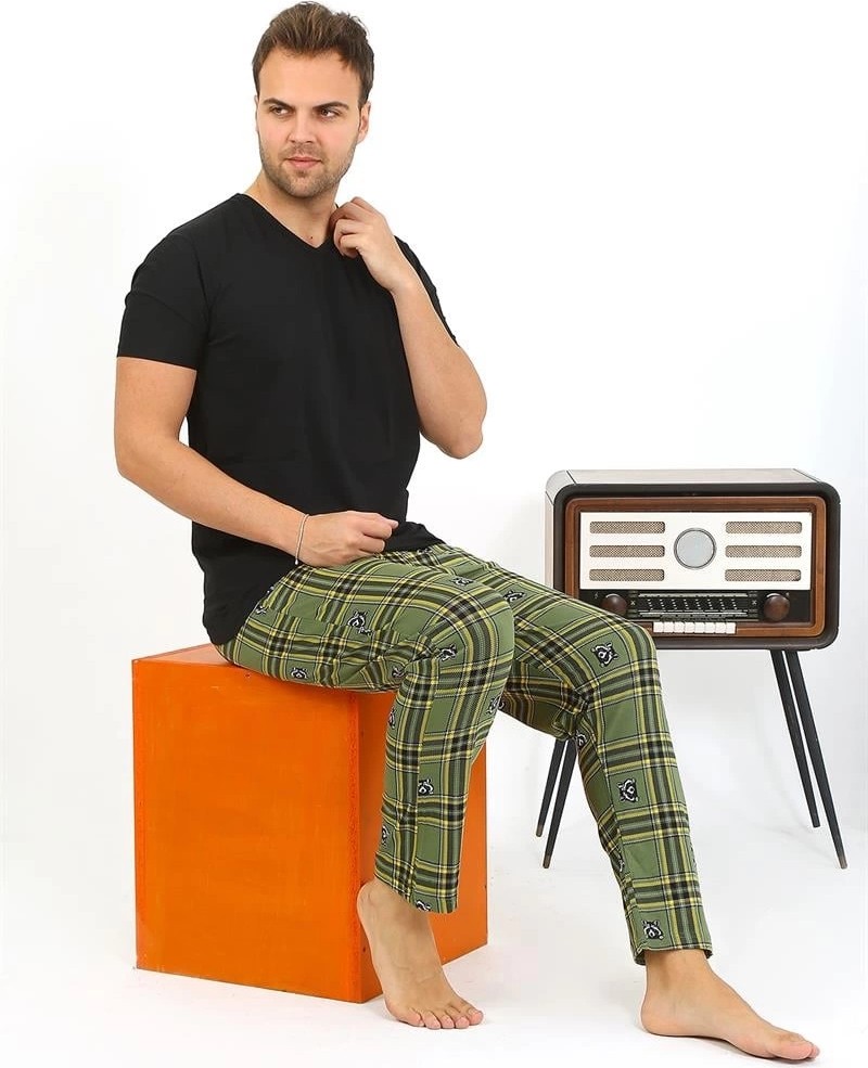 Melonika Erkek Ekoseli Desen Penye Tek Alt Pijama Haki Çmş görsel 3