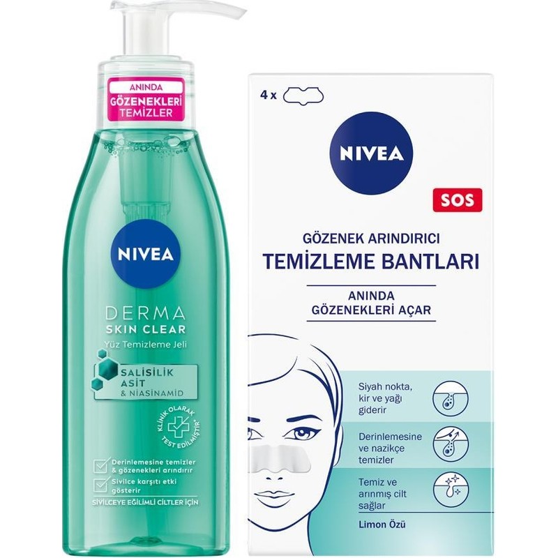 Nivea Siyah Nokta Temizleyici Burun T-Bant ve Derma Skin Clear Sivilce Karşıtı Yüz Temizleme Jeli 150ml