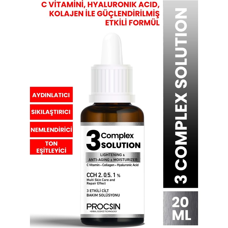 Procsin 3 Complex Solution Nemlendirici Serum 20 ml – Kolajen ve Hyaluronik Asitli, Aydınlatıcı Etkili, Tüm Cilt Tiplerine Uygun