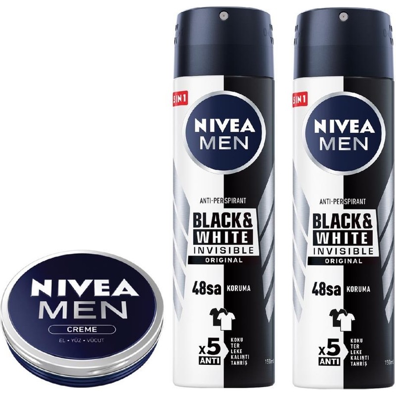 Nivea Men Erkek Sprey Deodorant Black&white Invisible Original 150ML X2 Adet ve Men Erkek Bakım Kremi 30ML
