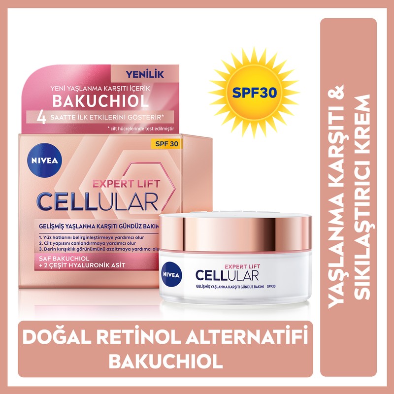 Nivea Cellular Expert Lift Doğal Retinol Alternatifi Saf Bakuchiol ve Hyaluronik Asit içeren Yaşlanma Karşıtı ve Nemlendirici Gündüz Kremi 50ml