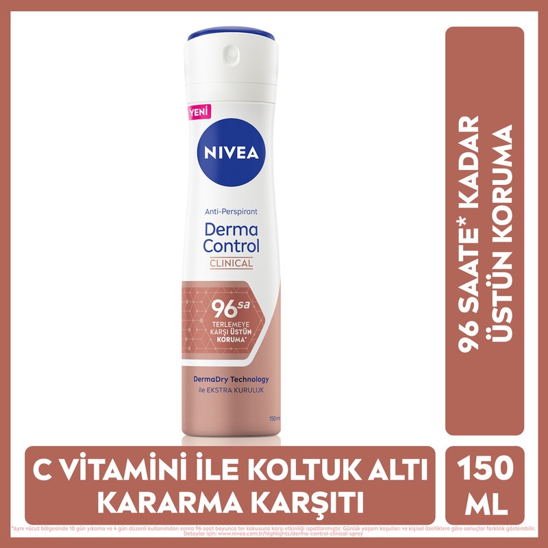 Nivea Kadın Sprey Deodorant Derma Control Clinical 150ml, 96 Saat Koruma, Koltuk Altı Kararma Karşıtı, C Vitamini