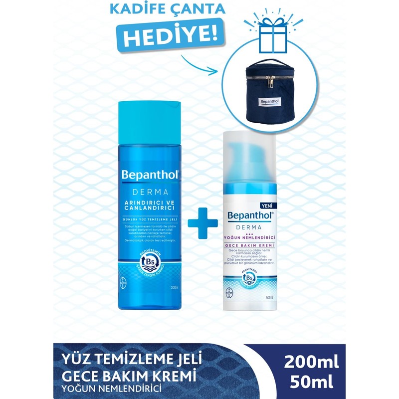 Bepanthol Derma Yüz Temizleme Jeli 200ml Yoğun Nemlendirici Gece Bakım Kremi 50ml Kadife Çanta H