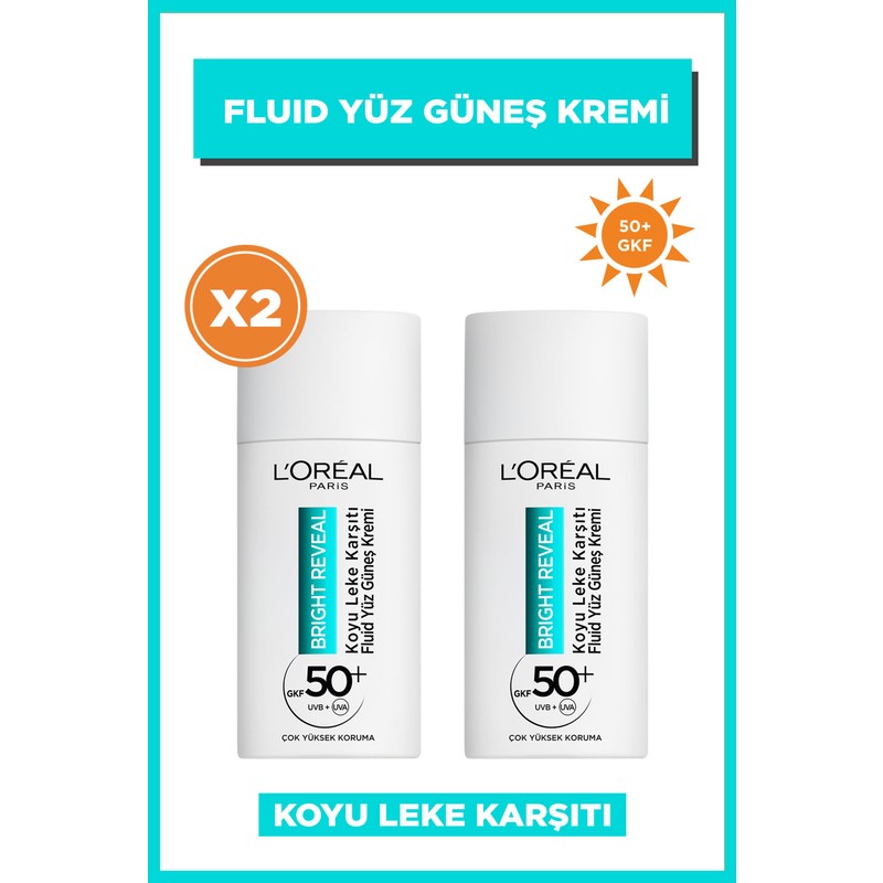 L'Oréal Paris 2'li Bright Reveal Spf 50+ Koyu Leke Karşıtı Fluid Günlük Yüz Güneş Kremi 50ML