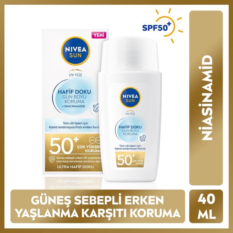 Nivea Sun Hafif Dokulu Güneş Koruyucu Yüz Kremi, SPF50, Yüksek Güneş Koruyucu, Erken Yaşlanma Karşıtı 40 ml