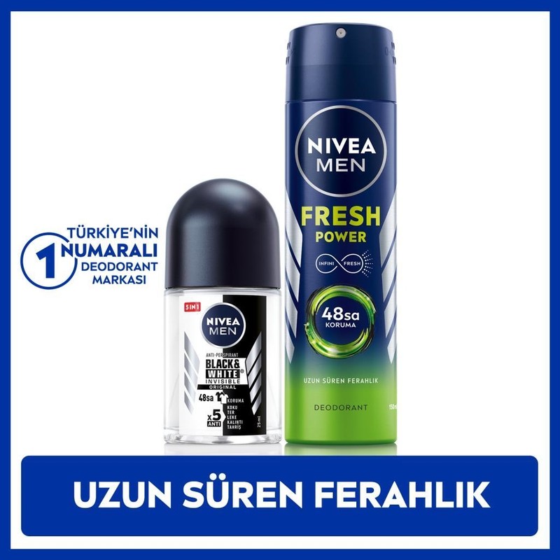 Nivea Men Erkek Sprey Deodorant Fresh Power 150ML ve Mini Roll-On Black&white Original 25ML, Ter Karşıtı