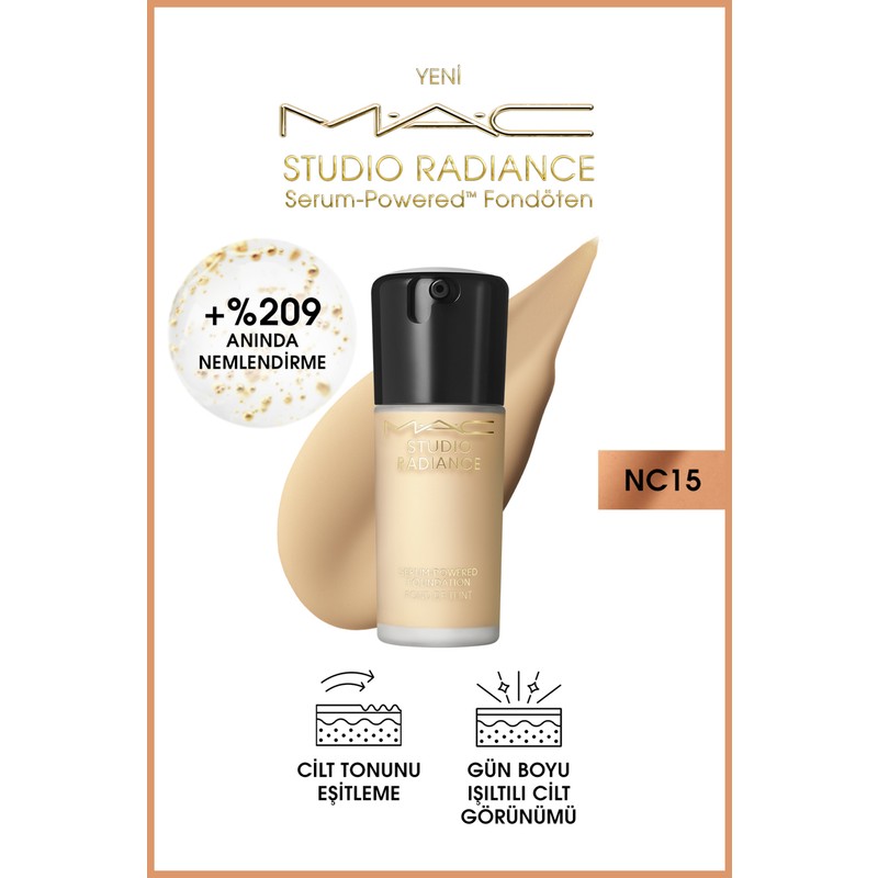 Mac Studio Radiance Serum-powered™ Işıltılı Bitişli Cilt Bakımı Etkili Fondöten - Nc15 - 30ml