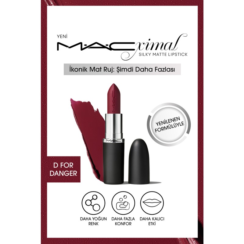 Mac ximal Silky Matte Lipstick Bordo Renkli Nemlendirme Etkili 12 Saat Kalıcı Ruj - D For Danger