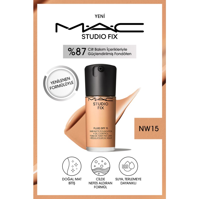 Mac 24 Saate Kadar Kalıcı Mat Fondöten - Studio Fix Fluid Spf15 - Renk: Nw15 - 30ml