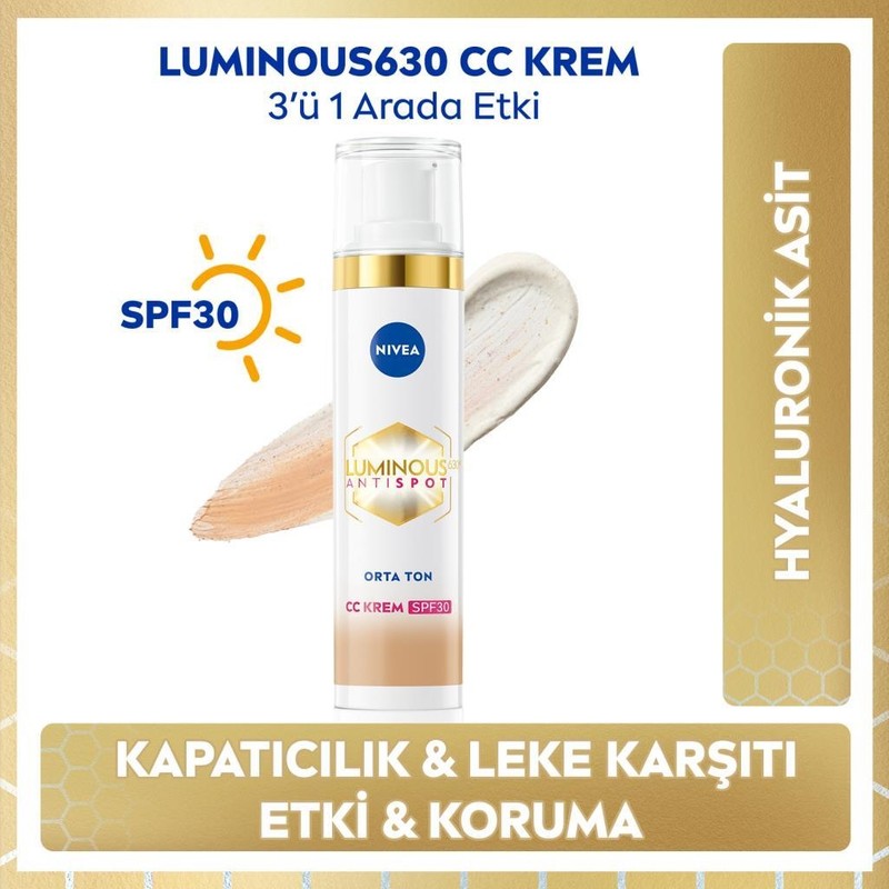Nivea Lumınous630 Koyu Leke Karşıtı Cc Yüz Kremi 40ml, Spf30 Güneş Koruyucu, Hyaluronik Asit, Orta Ton