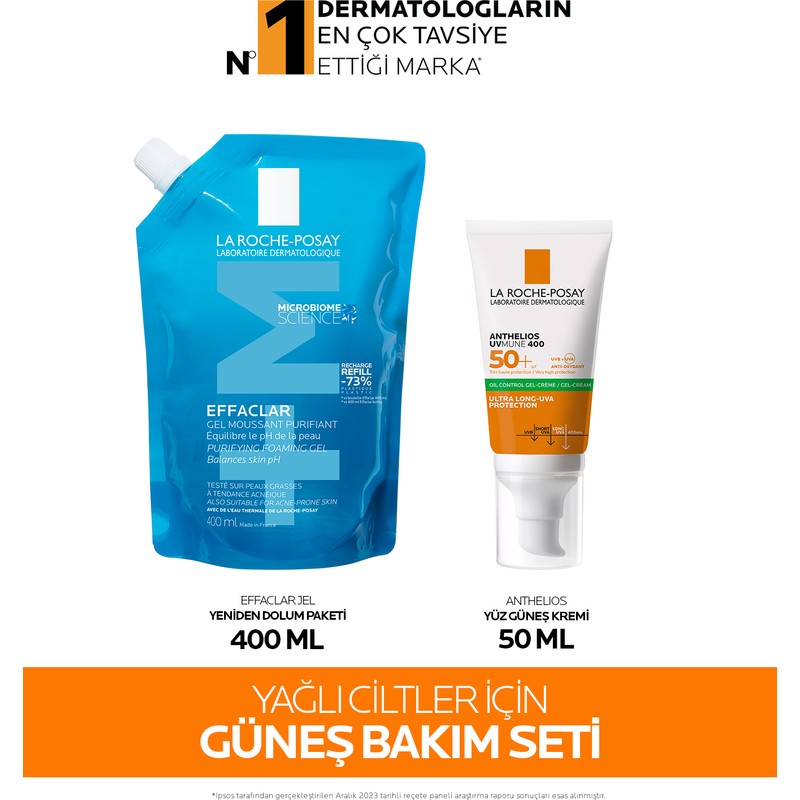 La Roche-Posay Yağlı Ciltler İçin Güneş Bakım Seti:Effaclar Jel Yeniden Dolum Paketi 400 ml &Anthelios Yüz Güneş Kremi 50 ml