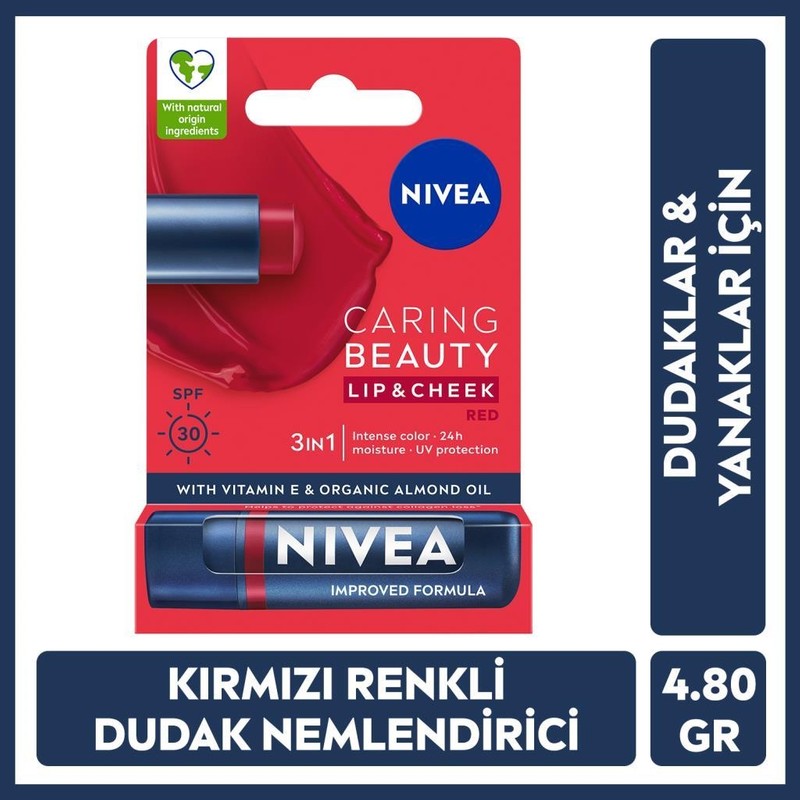 Nivea Renkli Dudak Bakım KREMI,KIRMIZI,4,8GR,NEMLENDIRME,SPF30,DOĞAL Yağlar,e Vitamini,dudak ve Yanak Için