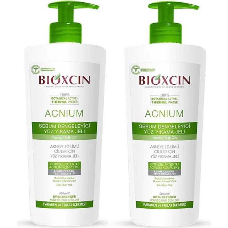Bioxcin Acnium Akne Karşıtı Sebum Dengeleyici Yüz Yıkama Jeli Yağlı Ciltler İçin 2 x 500 ml
