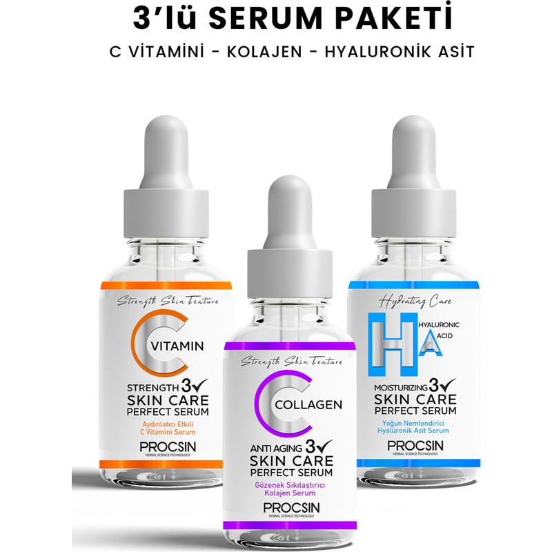 Procsin Üçlü Serum Paketi (C Vitamini - Kolajen - Hyaluronik Asit Serumu)